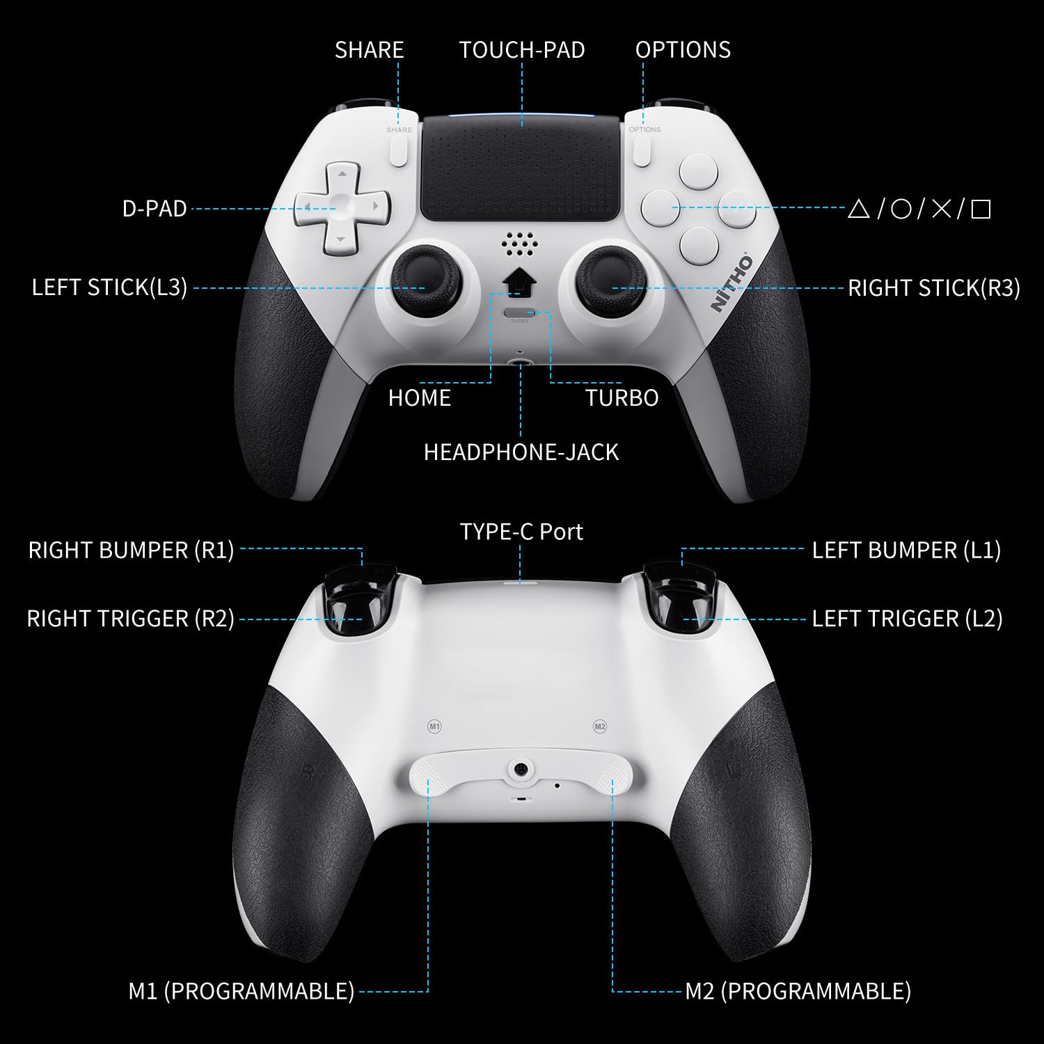 NITHO EVOLUTION Manette Sans Fil Compatible avec PS5 Pro/Slim, PC, iOS et Android, Joysticks à Effet Hall, Double Vibration, Turbo, Macro, Pavé Tactile, Capteur 6 Axes et Prise Jack 3,5 mm