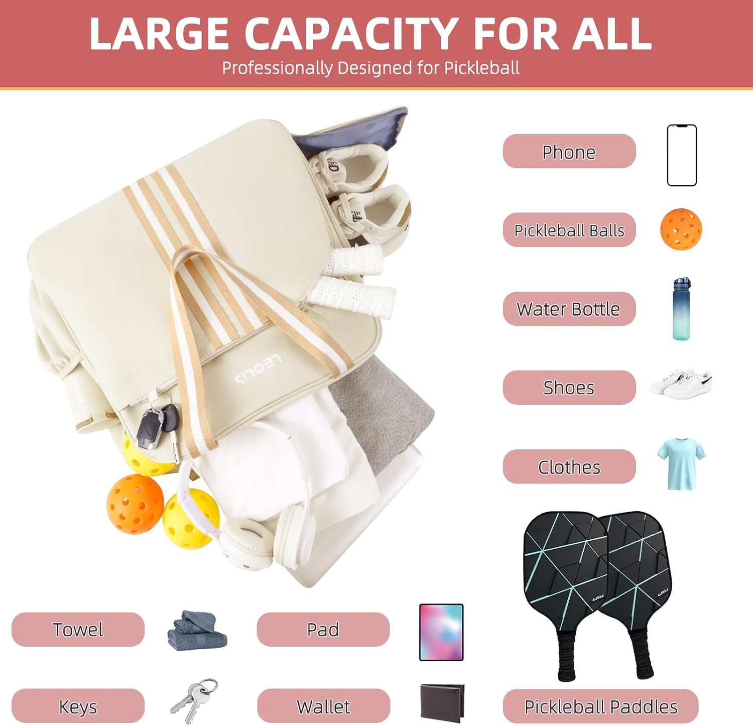 Pickleball Bag Pickle Ball Backpack for Women Pickleball Tote Sport Equipment Bag with Shoe Compartment Gift Accessory 30L - Image 3