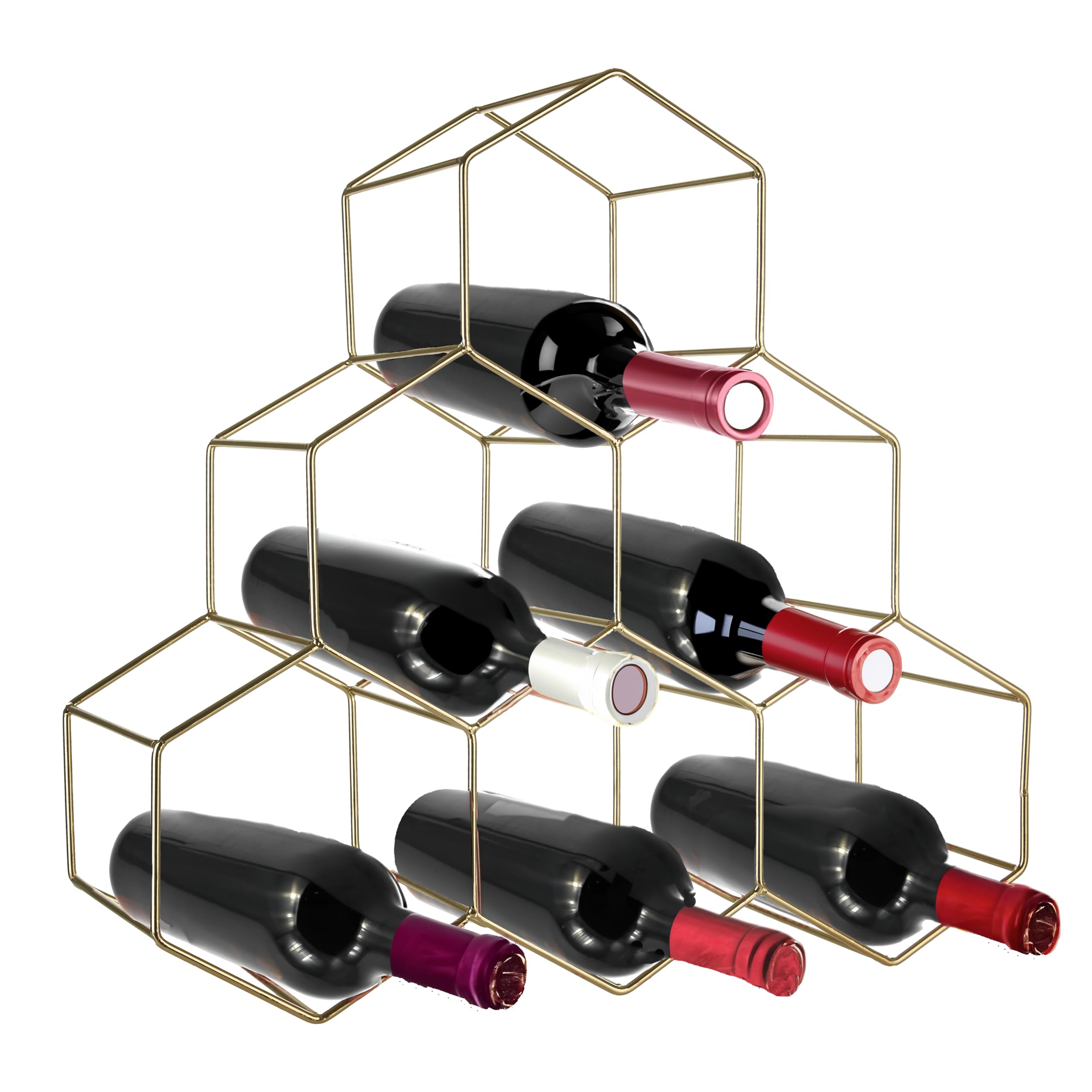 Premier Housewares Sturdy 6 Bottle Gold Finish Wine Rack | Geometric Structure Free Standing Gold Finish Wine Rack For Cupboard