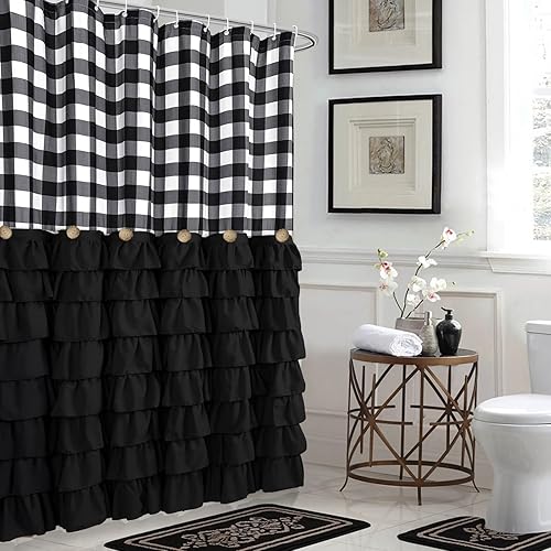 Seasonwood - Juego de cortinas de ducha de granja negras con 12 ganchos, 72 x 72 pulgadas, cortinas de ducha de tela con patrón de cuadros de búfalo