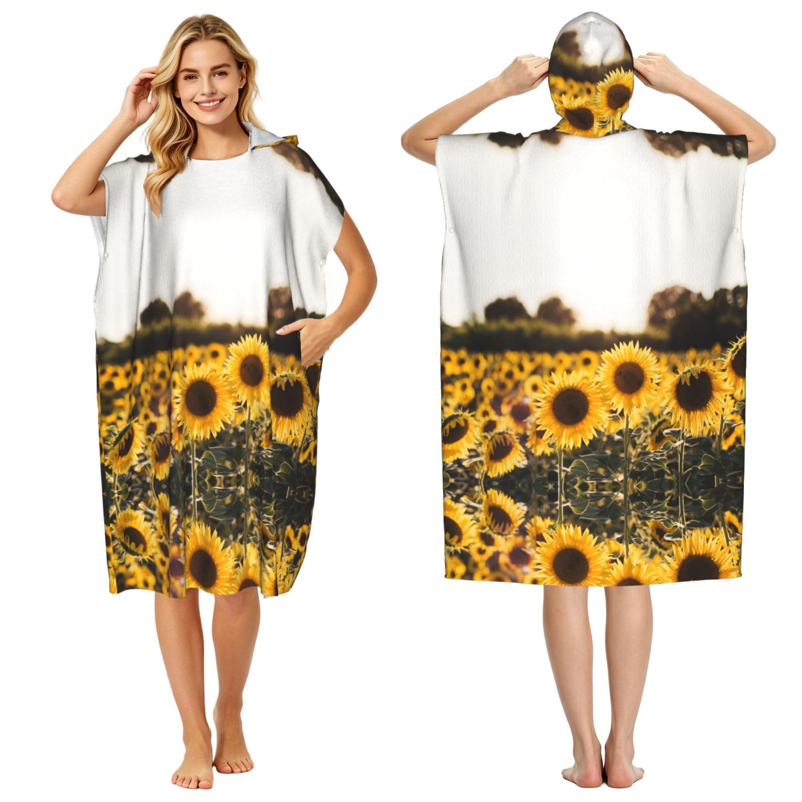 Sunshine Sunflowers Print Changing Robe, Hooded Towel Poncho For Swimming Pool, Beach,Quick Dry & Light Weight Towelling Poncho For Adults Women Men
