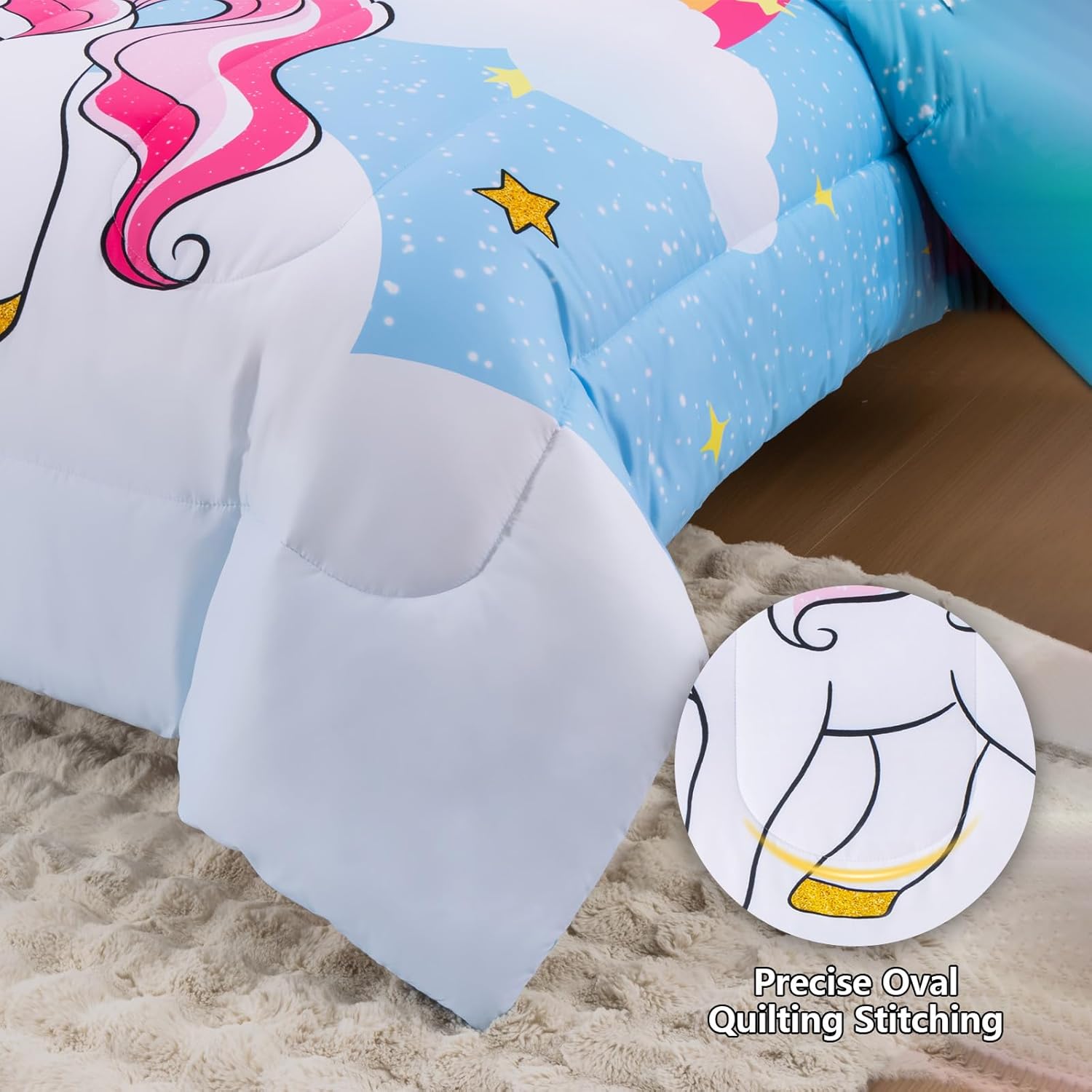 Unicorn Twin Bedding Sets for Girls Kids Teens, 6 Piece Bed in a Bag Purple Rainbow Theme Unicorn Comforter Set Bedroom Decor with Printed Sheet Set