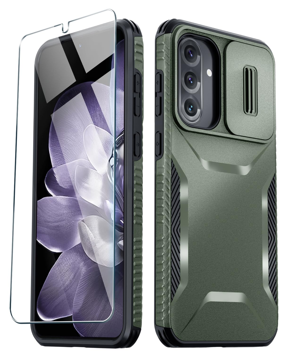 Funda compatible con Samsung Galaxy A36/A56 con cubierta de cámara deslizante + protector de pantalla, protección contra caídas de grado militar, resistente y a prueba de golpes, color verde