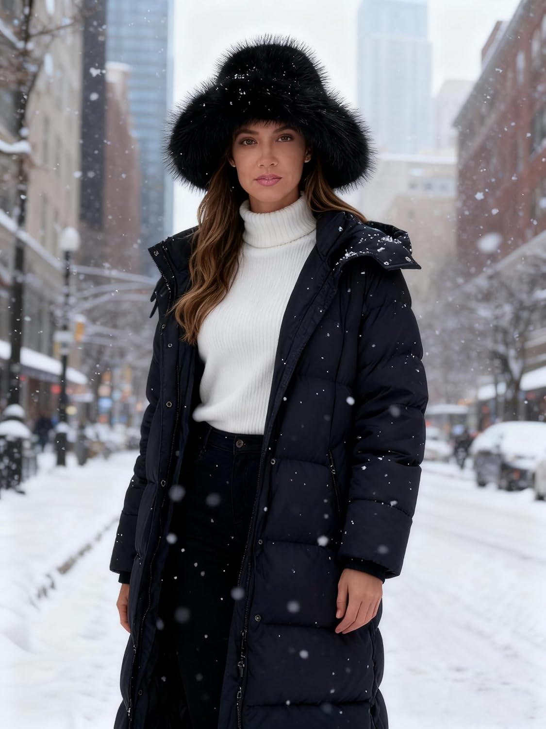 Faux Fur Bucket Hat for Women - Oversized Winter Long Pile Fur Wide Moldable Brim Warmer Cap - Image 5