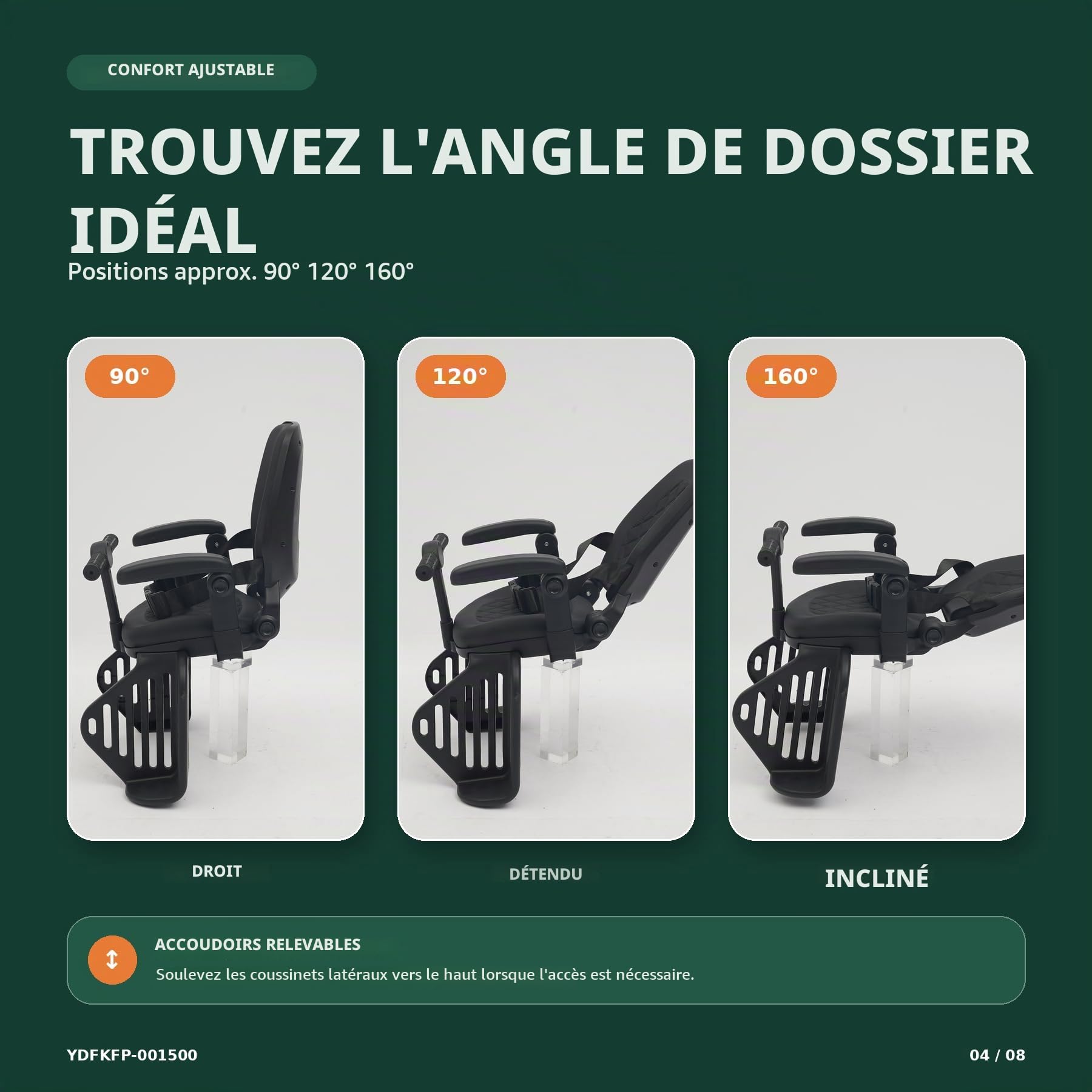 Siège enfant de vélo, siège enfant de vélo arrière, jusqu'à 50 kg, dossier haut avec 3 positions de réglage, ceinture de sécurité à 5 points et grande repose-pieds, pour enfants de 8 mois à 8