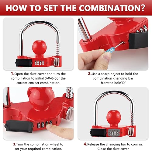 Miniatura 4 de Cenipar Cerradura de enganche de remolque universal con cerradura de combinación, acoplador de bola de remolque de acero resistente, se adapta a