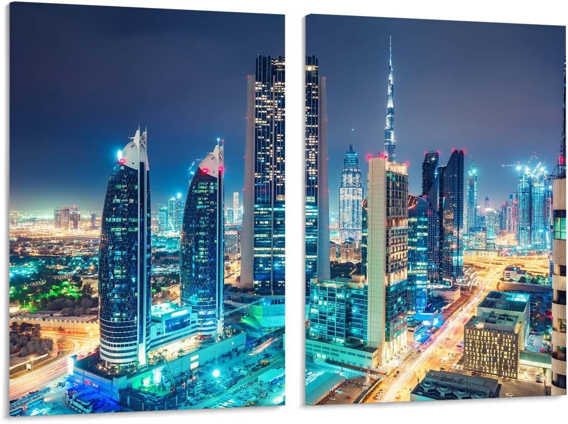 2 Piece Canvas Prints Wall Art Spectacular Urban Skyline On Highways And Skyscrapers Of Dubai Painting Artwork Framed Home Decor For Living Room Bedroom 16x12 Inch