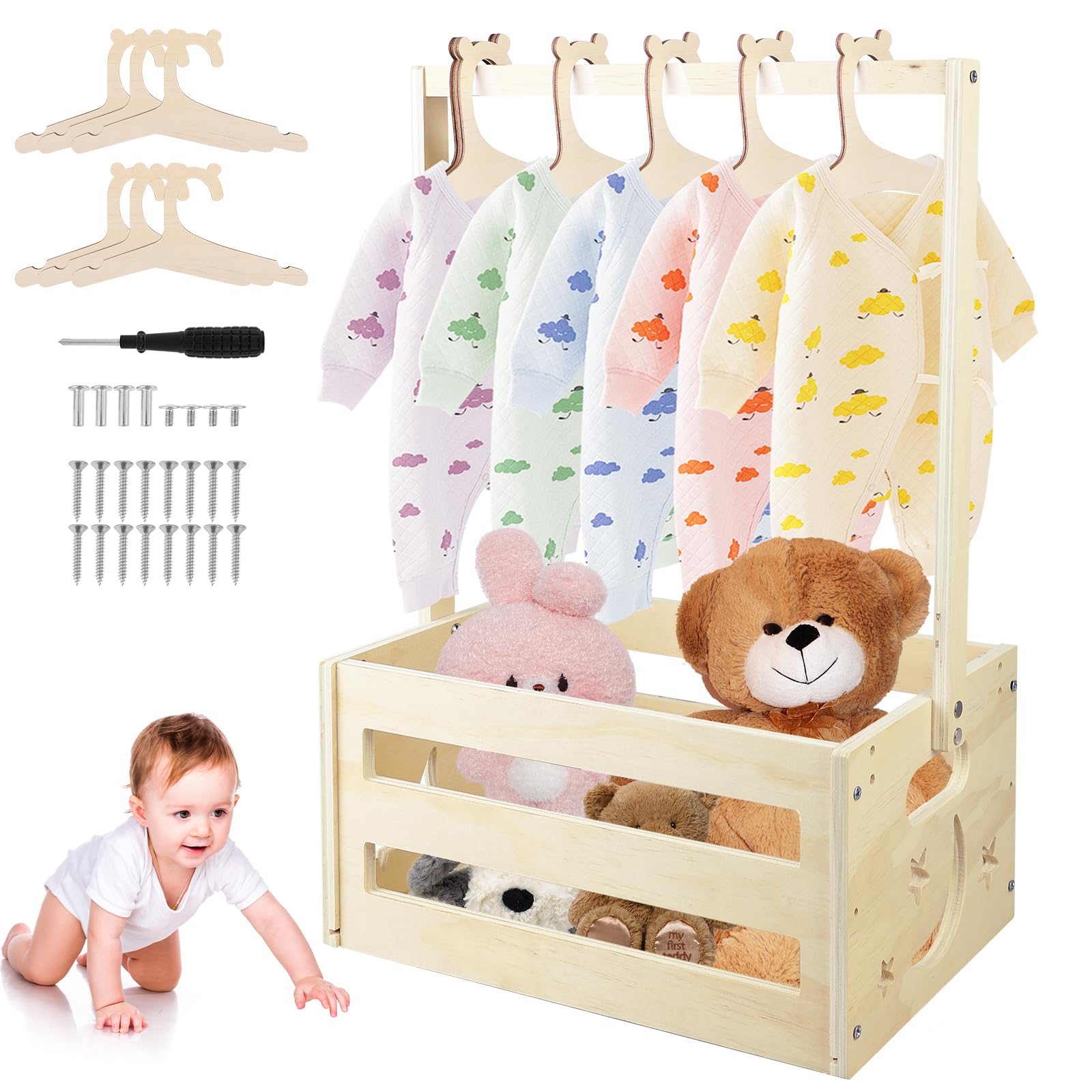 PRITOK Baby Shower Crate Closet Wooden Baby Basket with Handle, Storage Crate Hamper with 5 Hangers