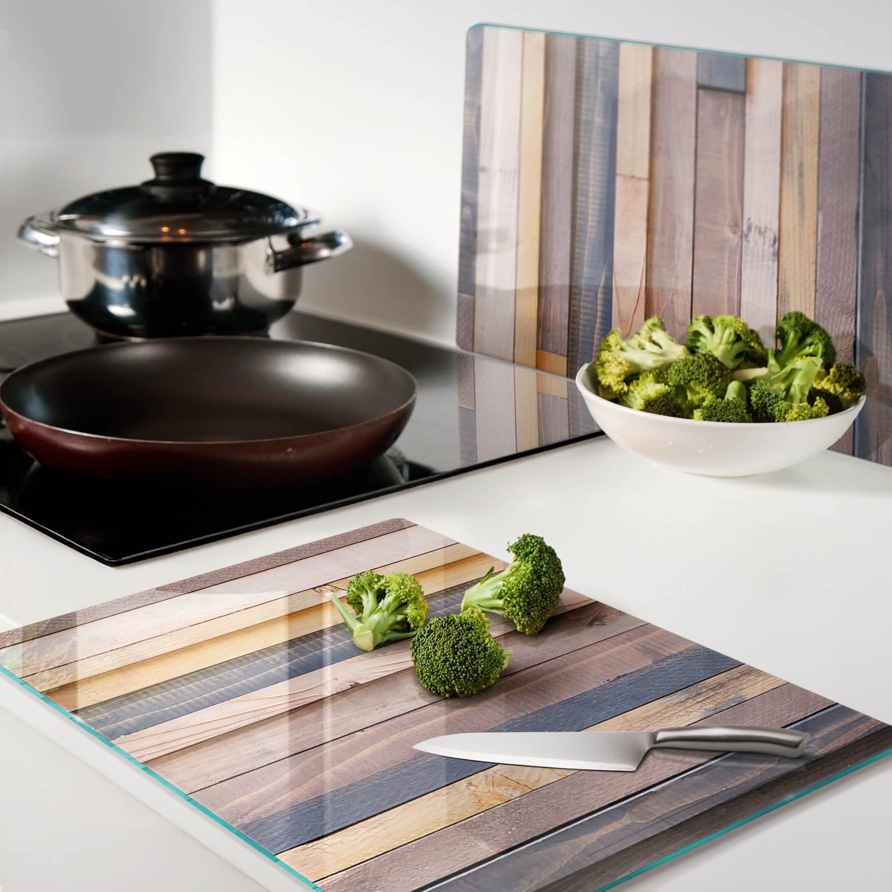 Planche à Découper Verre 60x52 Cm - Design Symétrique Moderne, Antidérapante, Résistante Chaleur, Contact Alimentaire Bois