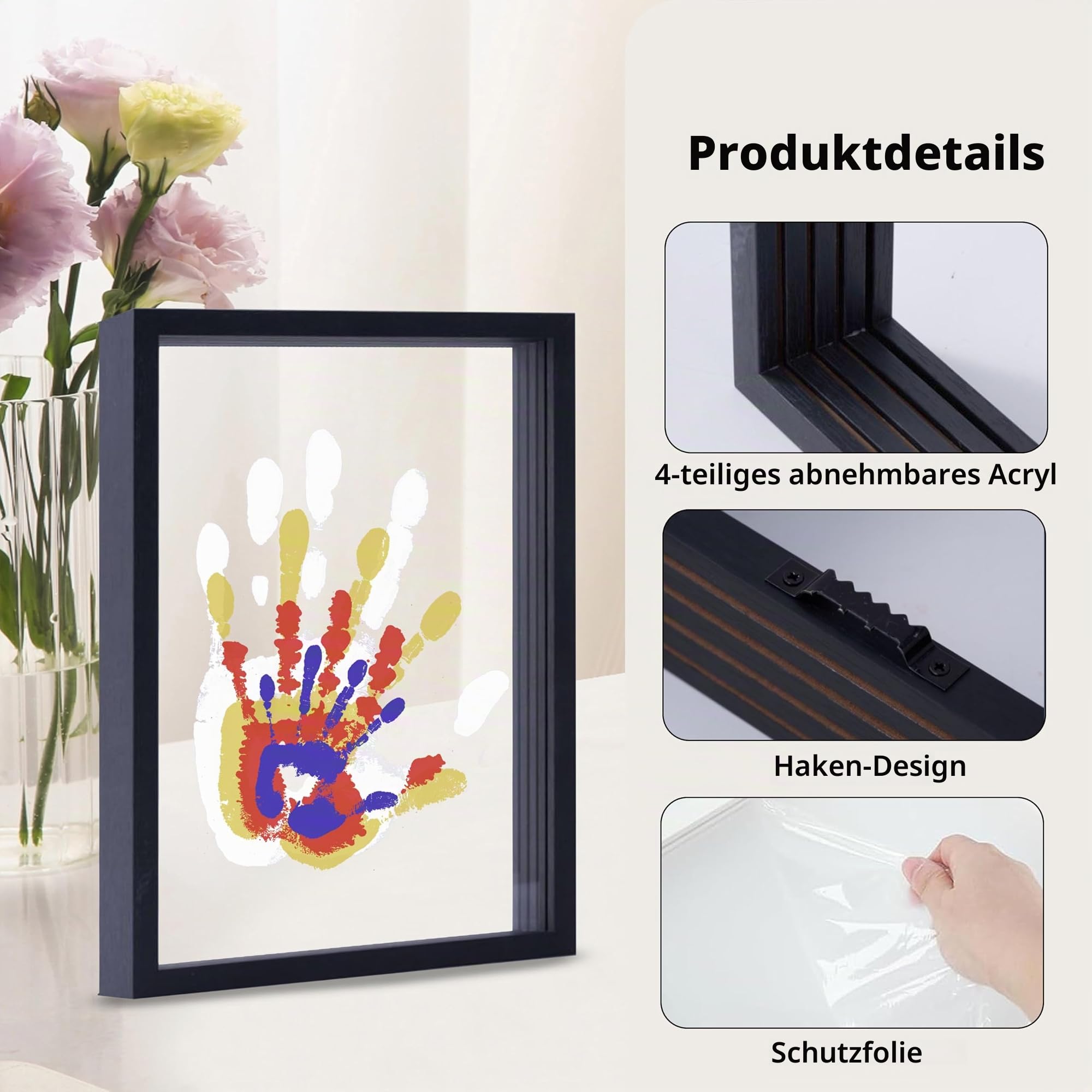 CHERRY CHEERS Familien Handabdruck Set, Holzrahmen Zum Basteln, Endloses Geschenkset, Ungiftige Farben, Transparente Blätter (Black)