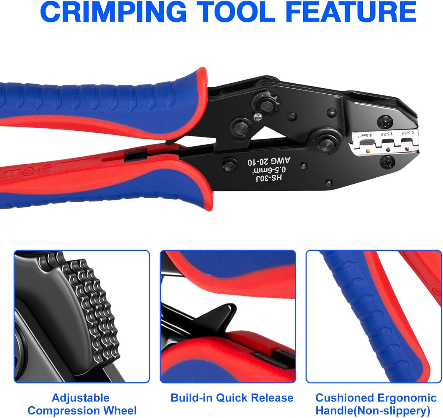Wire Crimping Tool, Ratcheting Wire Crimper Set with 6 Replaceable Dies, Heavy Duty Crimper for Heat Shrink, Insulated Nylon, Non-Insulated, Wire Ferrules, Open Barrel Terminals and Solar Connectors