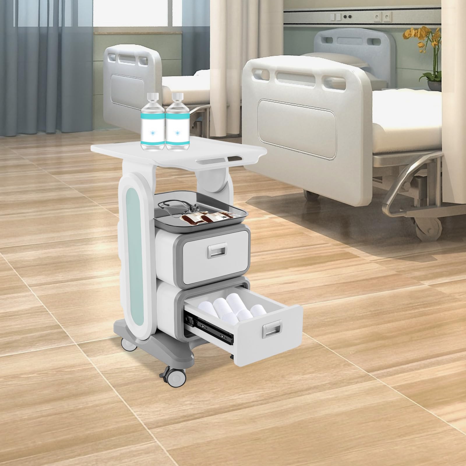 Carrito médico con cajones, carro médico para clínica, carro de enfermería con ruedas, 2 cajones 2 compartimentos, capacidad de carga 60 kg, ruedas silenciosas con freno, dentista hospital, peluquería