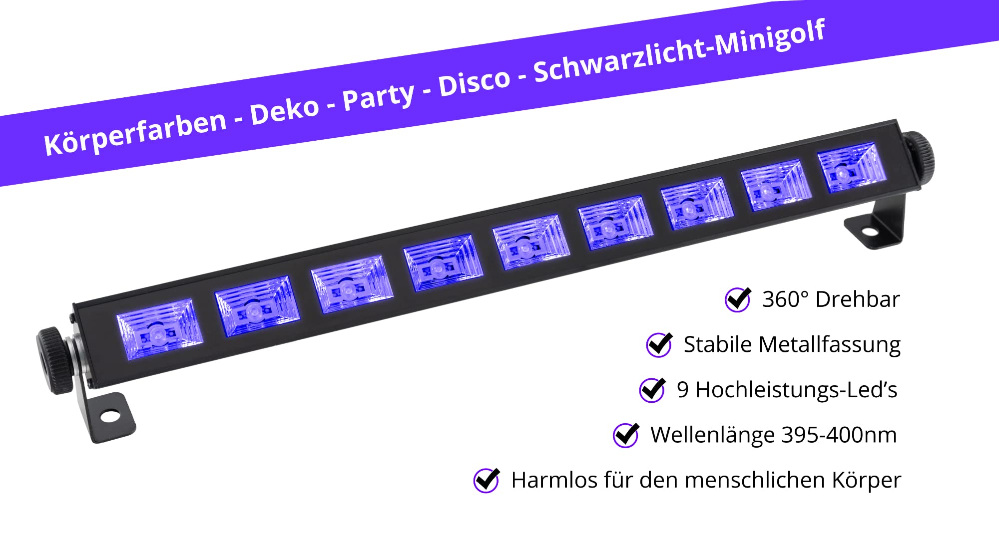 Showlite UL-9 UV-Bar - Barra LED de luz negra - Iluminación UV para escenario - para fiesta, decoración, discoteca y bar - con cable y fuente de alimentación