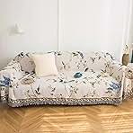 VClife Boho Beige Floral Birds Couch Cover Soft Thick Cotton Linen Farmhouse Sofa Cover for 3 Cushion Couch Sofa, Breathable Non-Slip Sectional Sofa Protector 1 PC Futon L Shpe Slipcover with Tassels