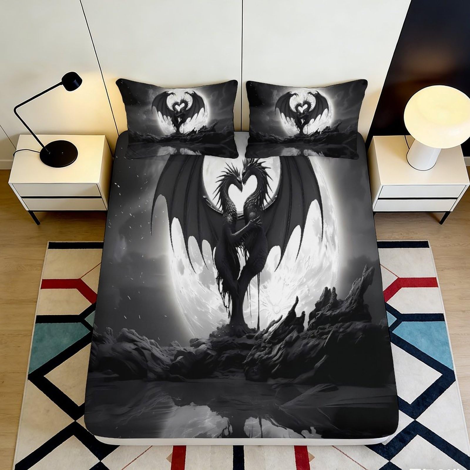 3D Printed Black Dragon Fitted Sheet Microfiber Soft Breathable Gothic Wings Bed Sheet for Bedroom Dorm Decor 90x200x25cm
