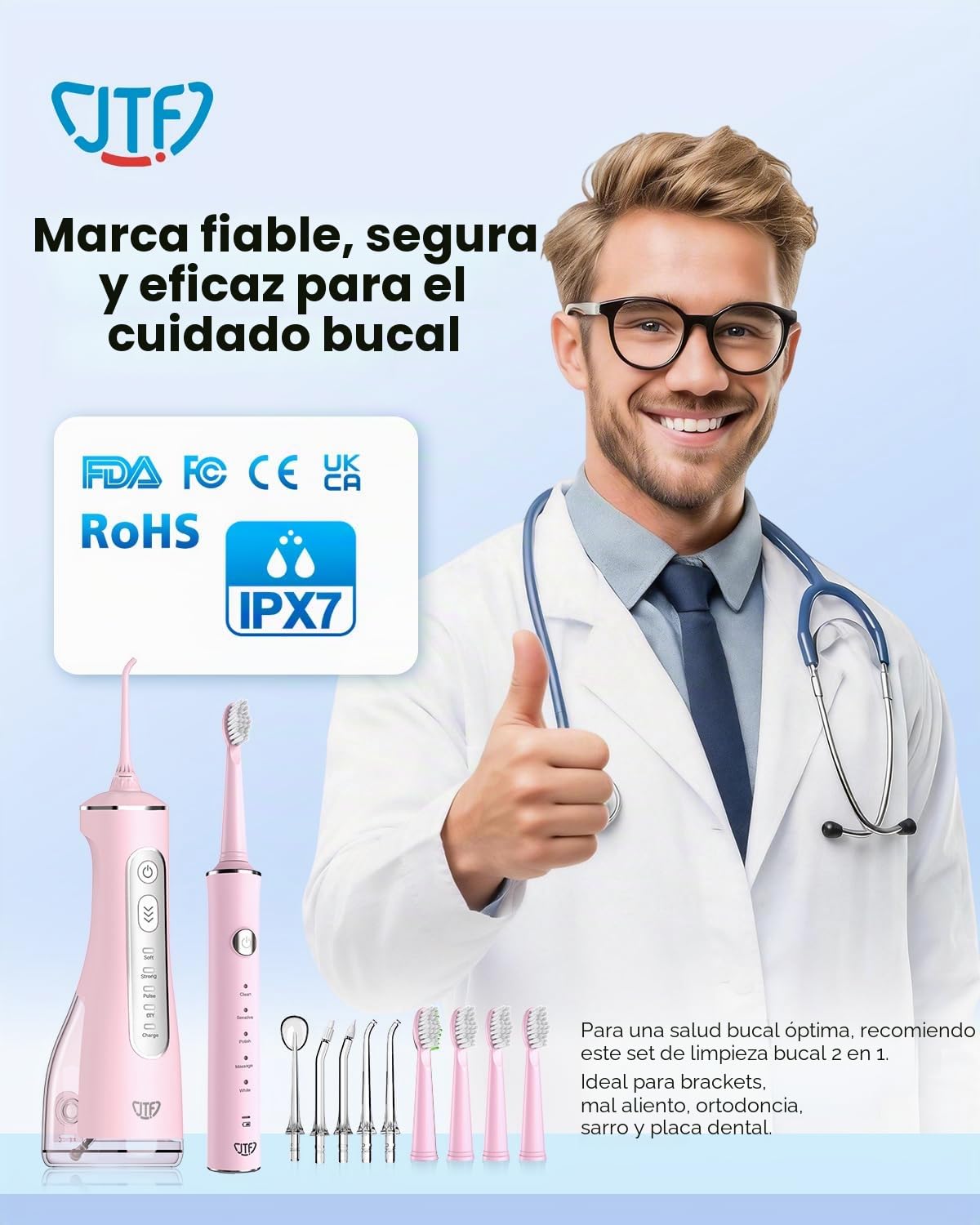 JTF Cepillo de Dientes Eléctrico y Irrigador Bucal 2-en-1 – Kit de Higiene Bucal Portátil para una Limpieza Eficaz y Suave, Múltiples Modos para Brackets y Encías Sensibles, Inalámbrico(Rosa)