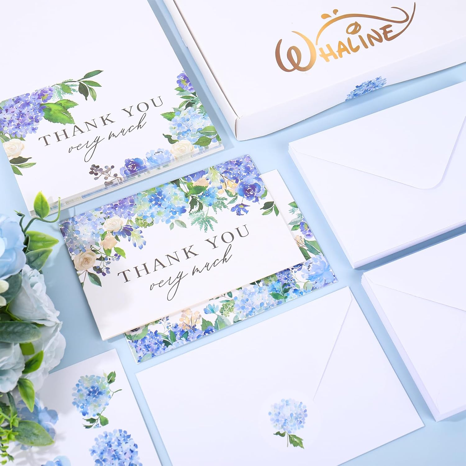 Whaline 50 Pack Hydrangea Thank You Cards Bulk Boxed Greeting Card Spring Summer Blue Purple Floral Blank Note Cards with Envelope Stickers for Wedding Baby Shower Birthday