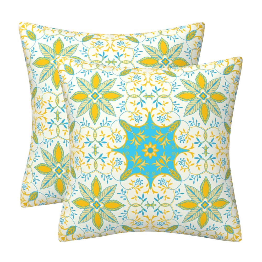 GAAFOSIPH Set of 2 Cushion Covers 45 x 45 cm Double Sided Pattern Blue and Yellow Boho Geometric Floral Throw Pillow Case Home Decor for Sofa Bed Bench Couch Garden