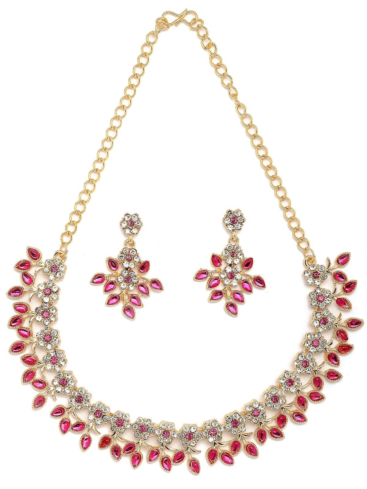 Charming Design Gold Plated AD Stone with Floral & Leaf Shaped Choker Necklace with Dangle Earring Jewellery Set for Women & Girls-image-41