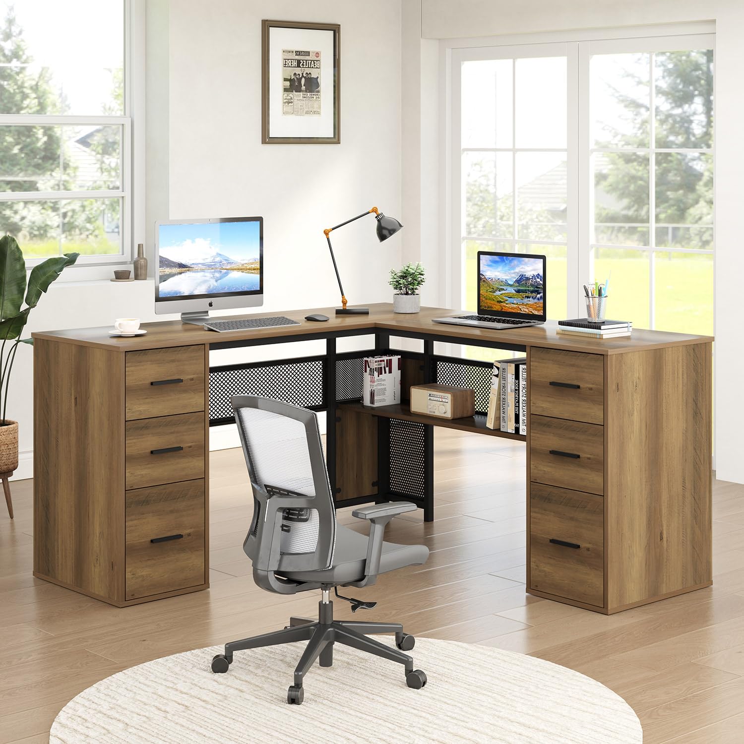 HSH Large L Shaped Home Office Desk with Drawers, Rustic L-shaped Computer Desk with Storage File Cabinet Shelves, Corner Reversible Metal Wood Executive Work Study Writing Table, 59 Inch Bedroom Desk