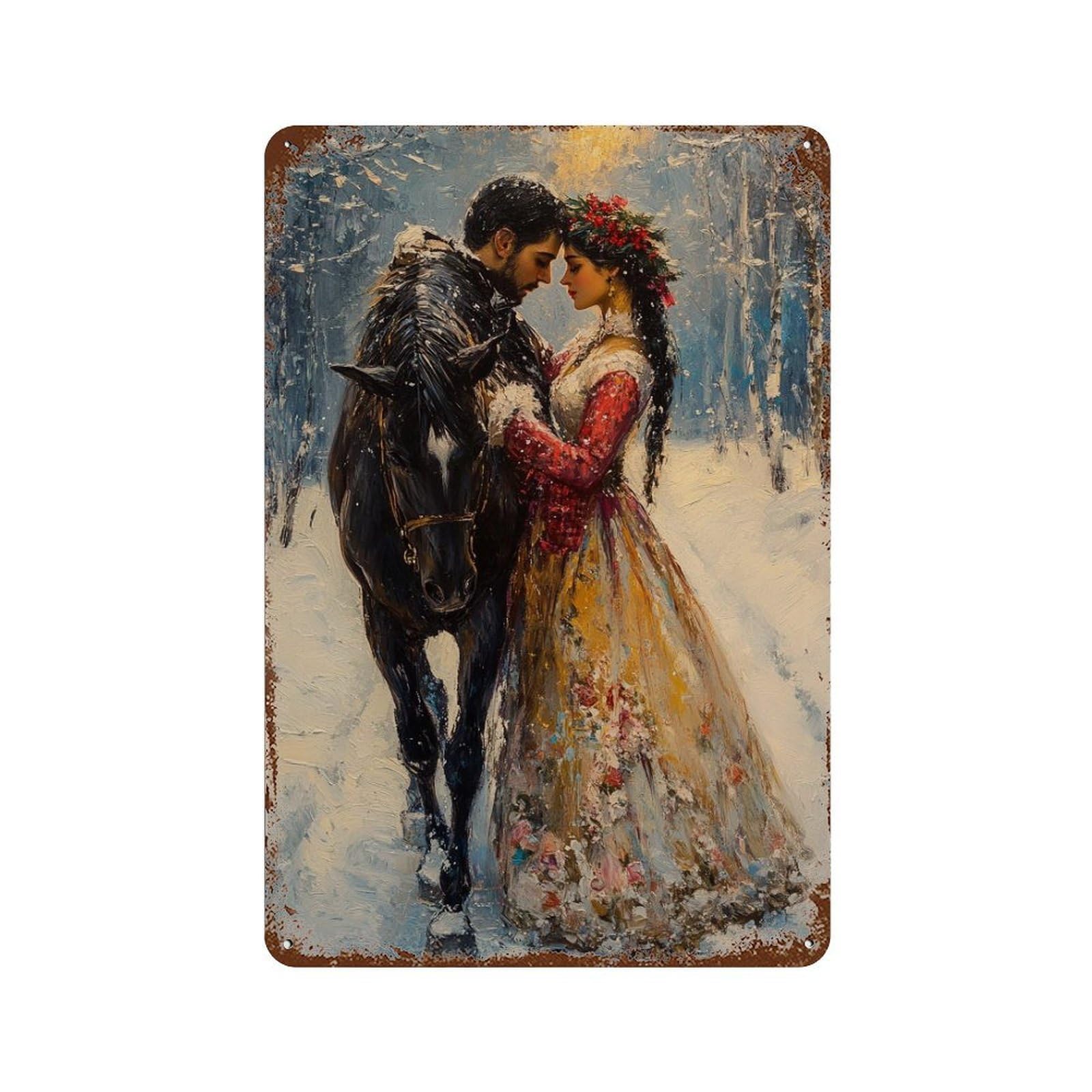 Winter Romance with Horse 11.8"x7.9" Distressed Metal Wall Sign, Shabby Chic Decor for Shed, Workshop And Garage Wall Decor