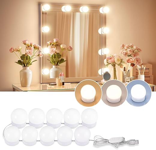 LED Vanity Lights For Mirror, Consciot Hollywood Style Vanity Lights With 10 Dimmable Bulbs, Adjustable Color & Brightness, USB Cable, Mirror Lights Stick on for Makeup Table Dressing Room Mirror