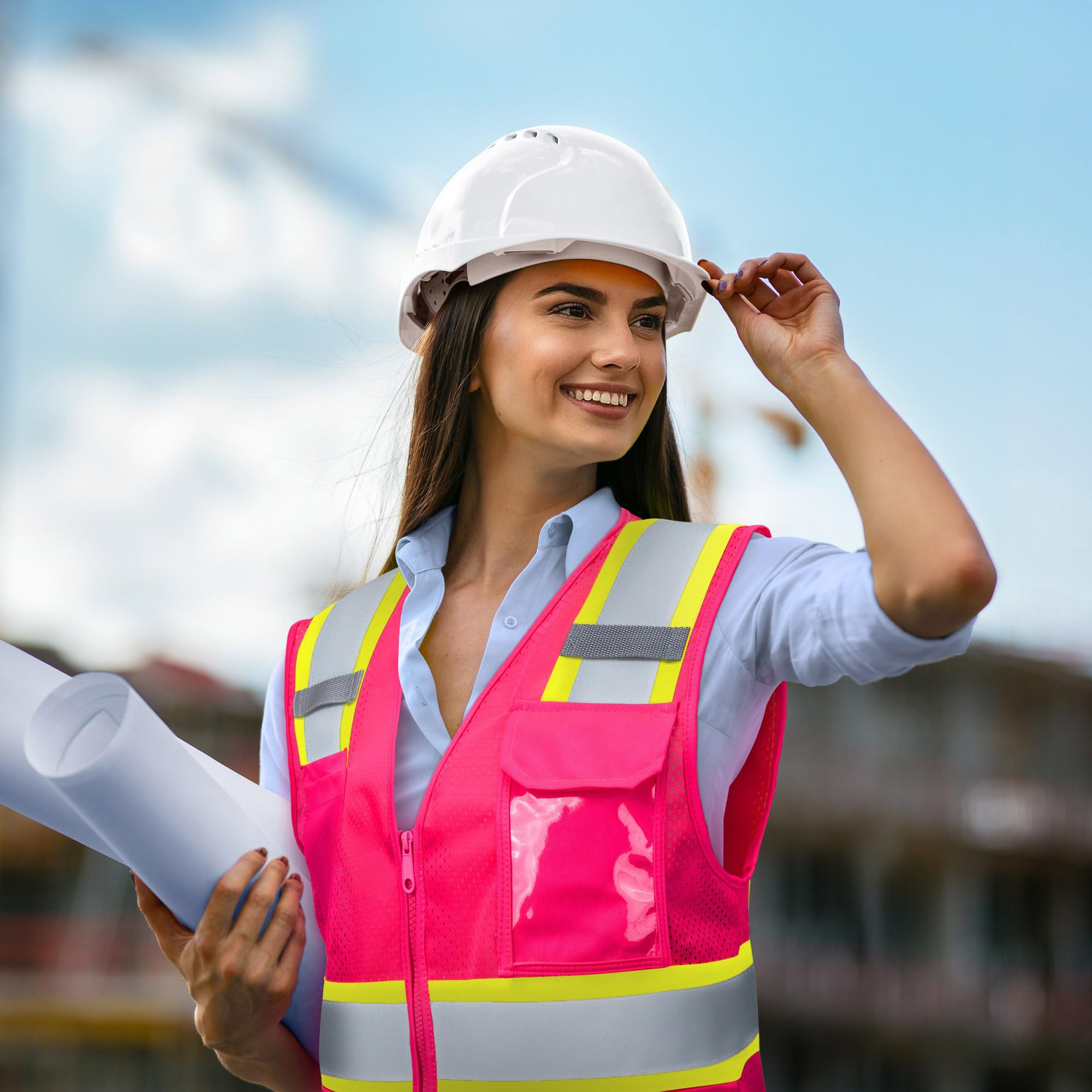 Chaleco de seguridad reflectante para mujeres y hombres, chaleco de alta visibilidad con bolsillos y cremallera, chaleco de construcción ANSI Clase 2