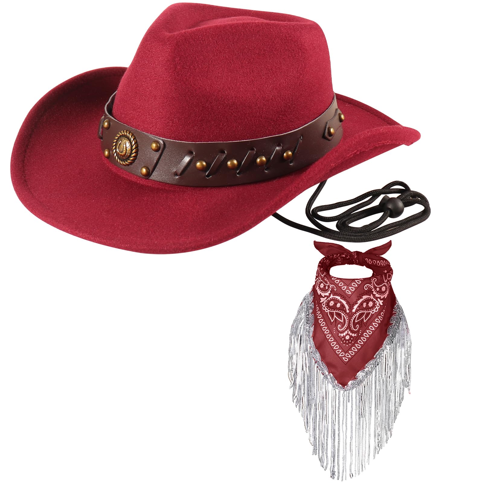 Ibeauti Cowboy Hat with Fringed Bandana Set for Women Wide Brim Western Cowgirl Hat Paisley Head Wrap Scarf (Drawstring-Wine)