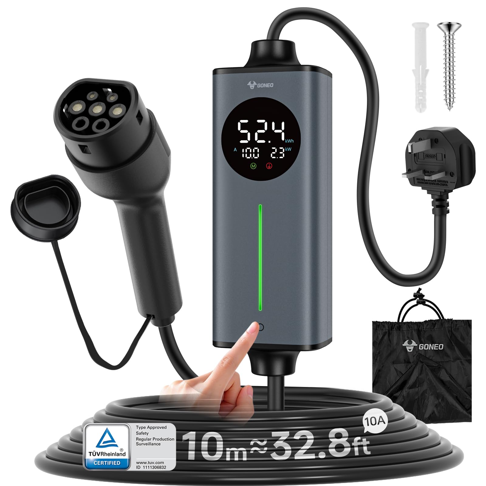 GONEO Portable EV Charger 5M, 3-Pin UK Plug to Type 2 | Temperature Monitor,AC 30mA+DC 6mA Leakage & Earth Protection | 10A 2.3kW Electric Car Charging Cable for Home/Travel,Adjustable Current & Timer — view 12