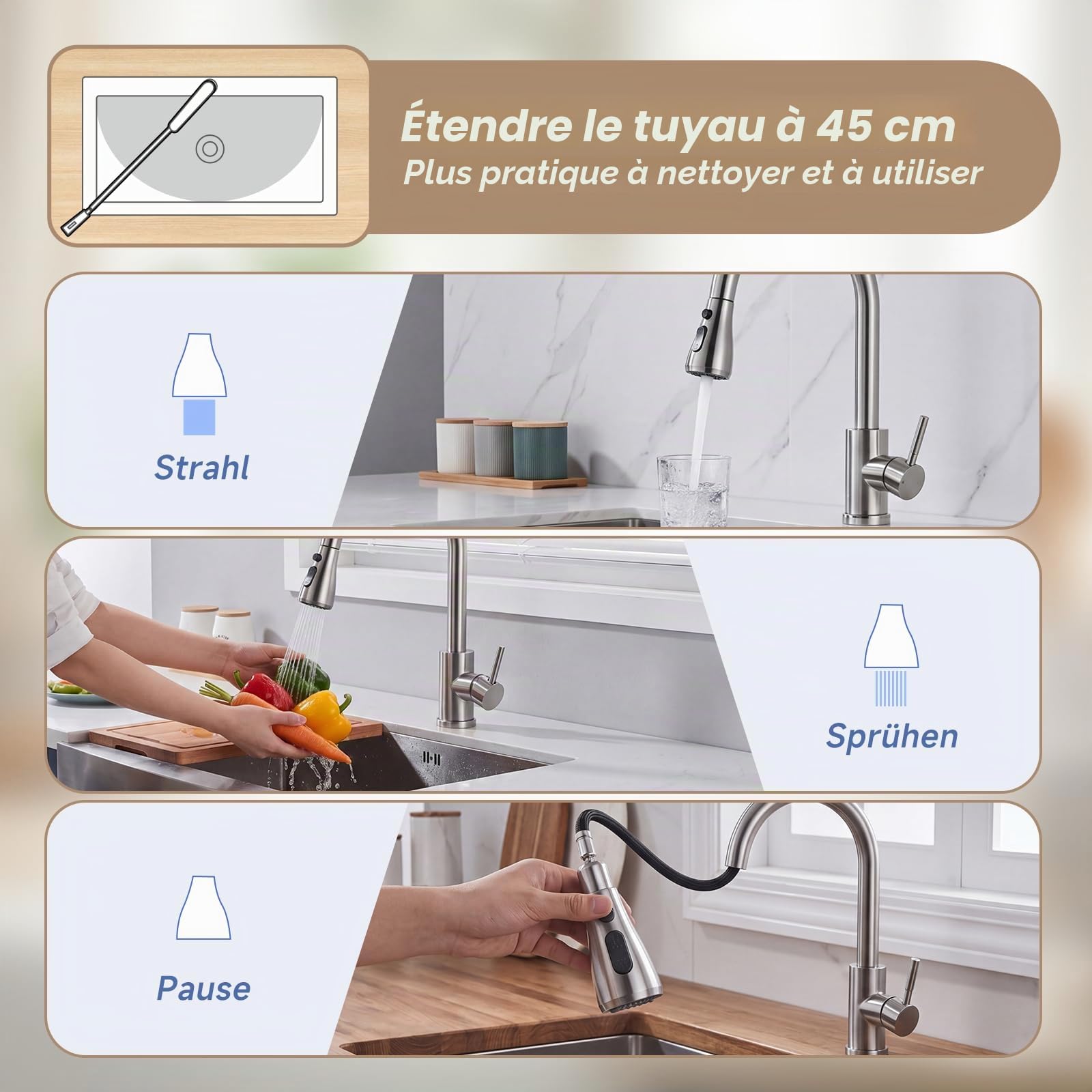 Robinet de cuisine extensible avec pivot flexible à 360°, robinet de cuisine haute pression pivotant, flexible en acier inoxydable pour la cuisine, 2 sorties d'eau