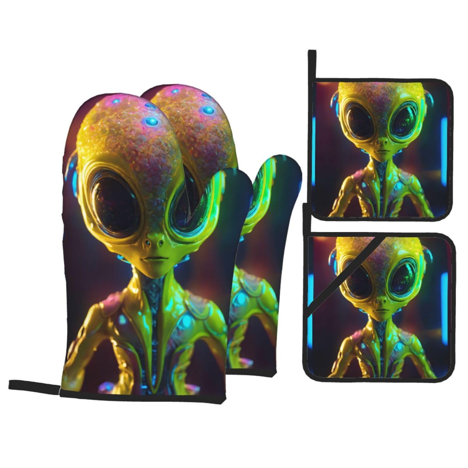 Alien Planet Print Kitchen Oven Mitts And Pot Holders Set,Hanging Loop Design For Cooking Baking Bbq