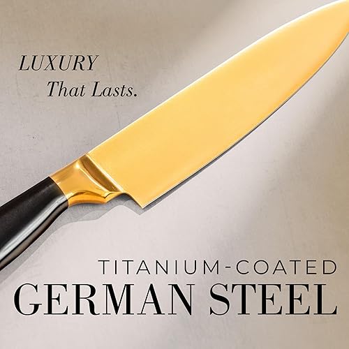 Miniatura 9 de Juego de utensilios de cocina negros y dorados, paquete de 8 piezas, incluye cuchillo de chef y soporte para cuchara, herramientas de cocina de