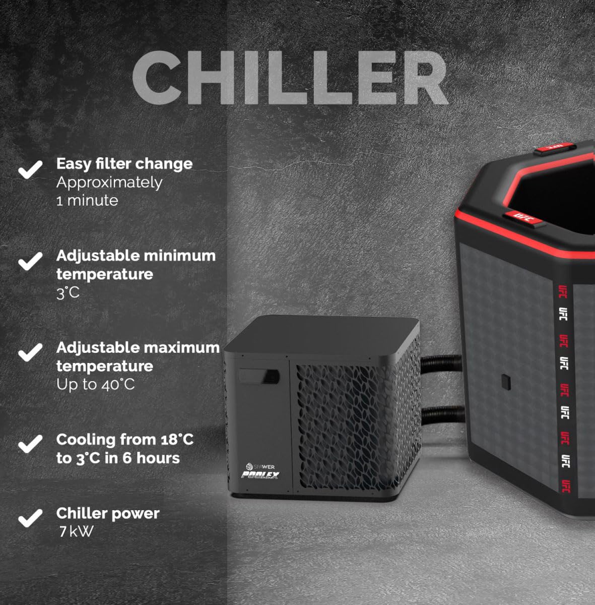 N NETSPA Pack Chiller 3-40°C 7kw Ice Bath Octagon UFC (SP-UFC250-CK7) – Baño Frío Dropstitch Terapia fría Nueva generación – 130 x 90 cm – 1 Persona 357 L