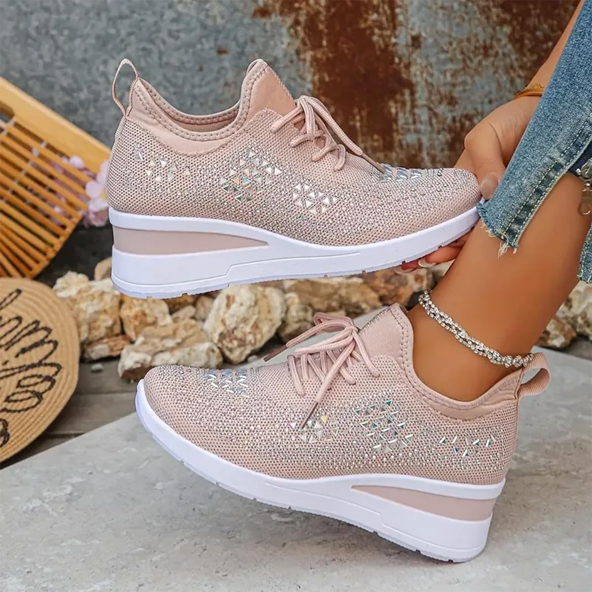 Donna Glittery Rhinestone Fashion Breathable Wedge Sneakers, Sparkly Platform Trainers Lightweight Comfy Slip On Walking Shoes, rosa., 40 EU