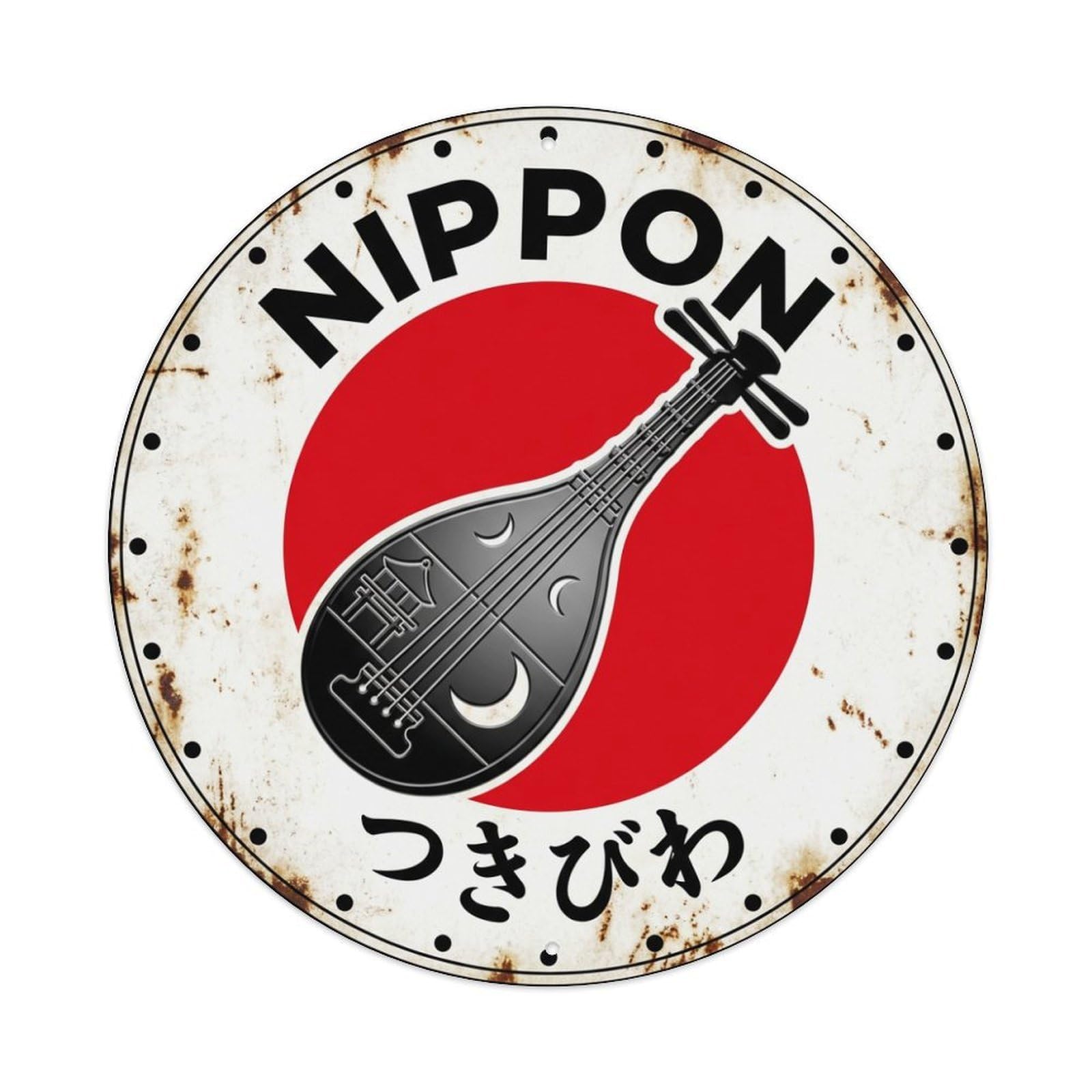Galvaxio Style Moon Biwa Nippon Lunar Symbol Aged Metal Tin Sign