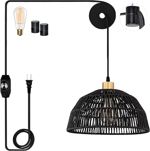 Miniatura 10 de Lámpara colgante enchufable, luces colgantes con cable de algodón dorado de 15 pies e interruptor de atenuación continuo, pantalla de cuerda de