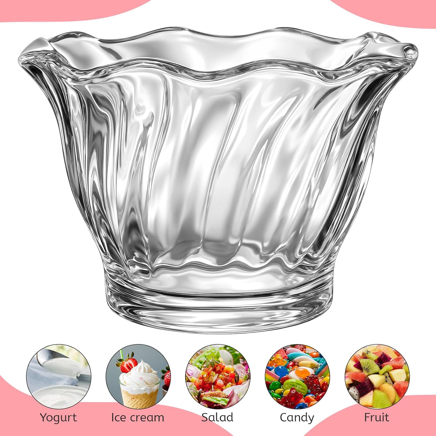 22 Pack Plastic Dessert Cups 6 oz Clear Ice Cream Sundae Tasting Bowls, Mini Round Swirl Tulip Shape Party Buffet Serving Cups for Yogurt Salad Appetizer Chocolate Fruit