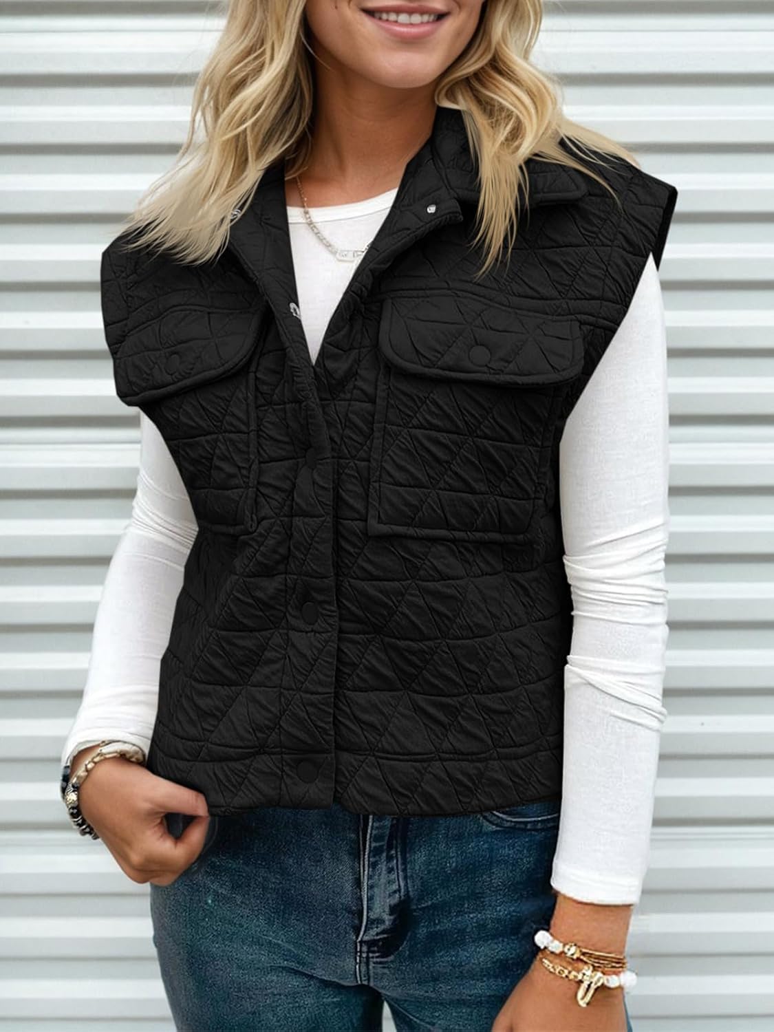 Cicy Bell Womens Lightweight Quilted Vests Cargo Button Down Cropped Sleeveless Jackets Fall Loose Fit Gilets with Pockets - Image 3