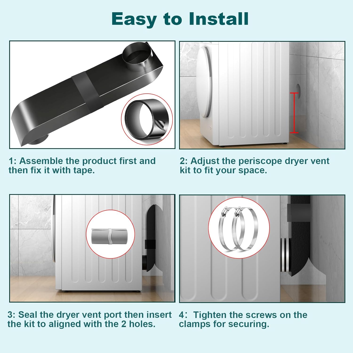 Periscope Dryer Vent, 9.5-14.5" Adjustable Dryer Vent Upgraded 304 Stainless Steel Telescoping Dryer Vent Connector Kit for 4 in Outlet Tight Space Slim Flat Exhaust Duct Pipe Hose Replacement Vents
