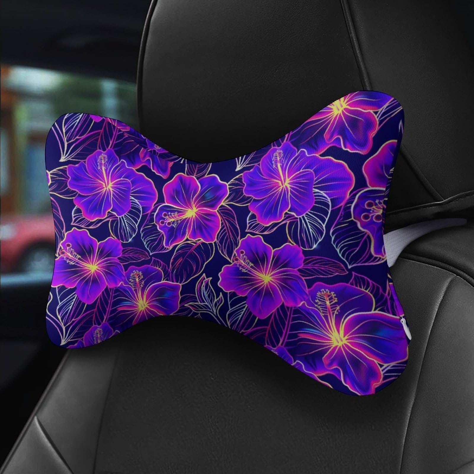 Tropical Hawaii Neon Flowers Car Neck Pillow Set of 2 Car Seat Head Support Cushion Bone Pillows with Elastic Strap