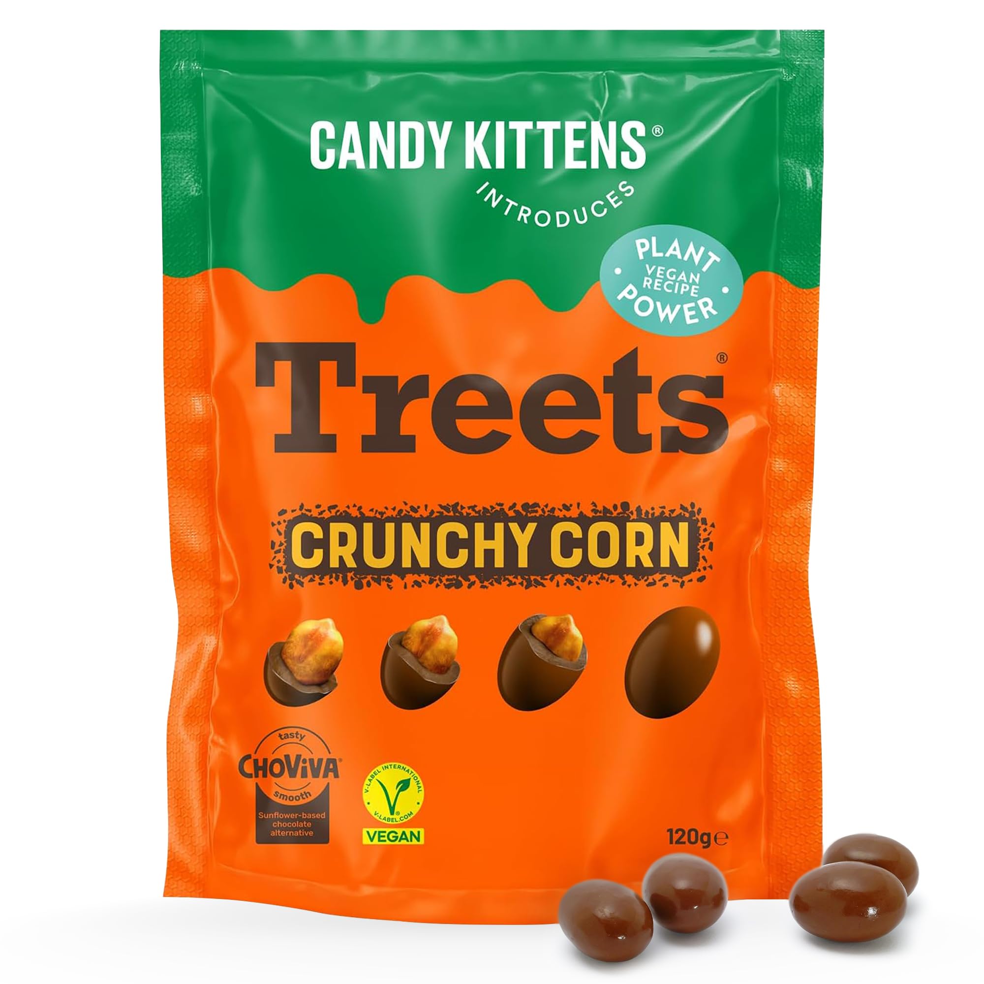 Candy Kittens Introduces - Treets, Crunchy Corn - Plant-Based Vegan Chocolate Crunchy Snack, Ideal for Sweet Hampers or Pick & Mix, Vegan Sweets Made with Cocoa-Free Choviva Shell - 120g, Pack of 1
