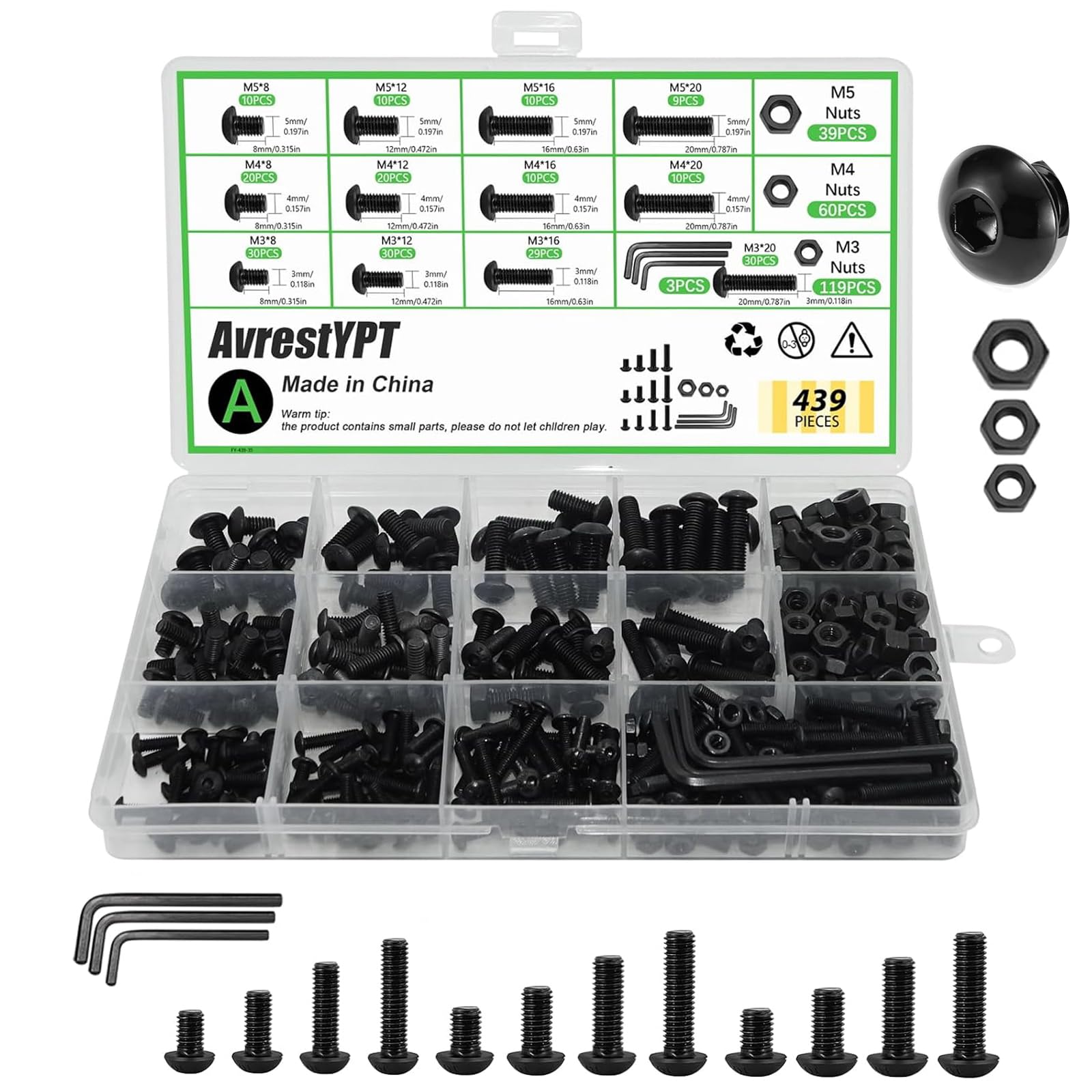 439PCS Metric Bolt and Nut Assortment Kit - M3 M4 M5 Machine Screws with Lock & Flat Washers, Grade 10.9 Alloy Steel Hex Socket Button Head Silver