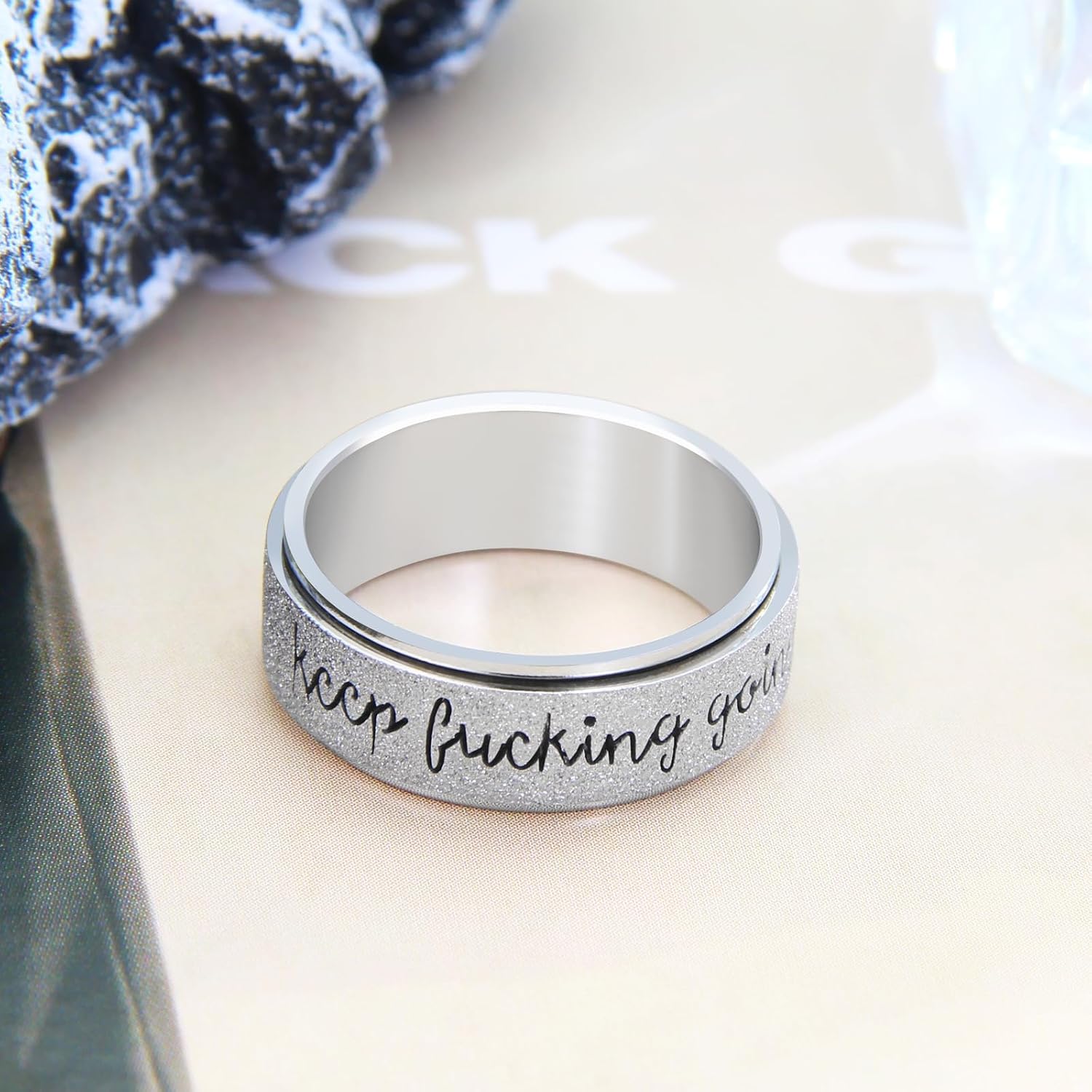 Fidget Ring Women for Anxiety Rings:Personalized Inspirational Mantra Stainless Steel Silver Black Rainbow Rose Gold Spinning Ring for Men Women Friend Encouragement Gift size 6 7 8 9 10