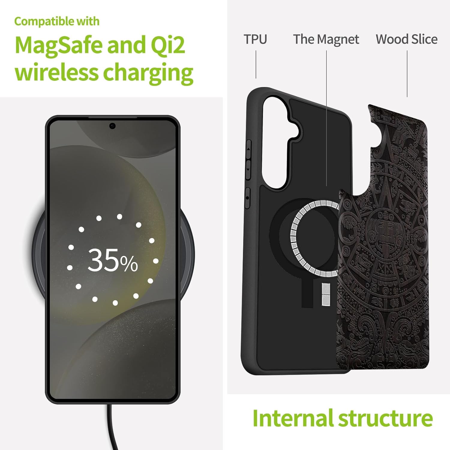 Carveit Magnetic Wooden Case for Samsung Galaxy S25 Case 2025, TPU Shockproof Cover & Wood Artisan Engraved, Compatible with MagSafe Wireless Chargers (The Maya Calendar) Blackwood