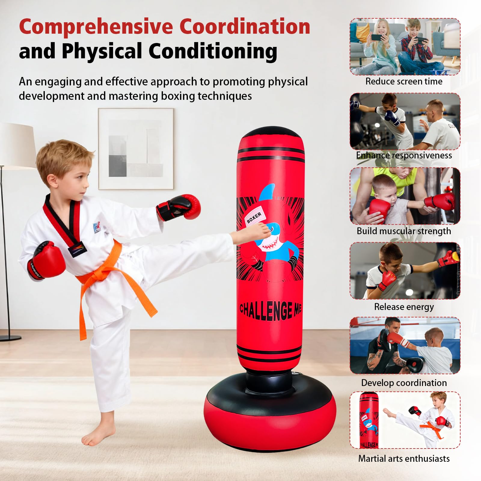 Saco de boxeo inflable, 47.24 pulgadas, saco de boxeo antiestrés, para niños y niñas, saco de boxeo independiente para entrenamiento tailandés, talla S para