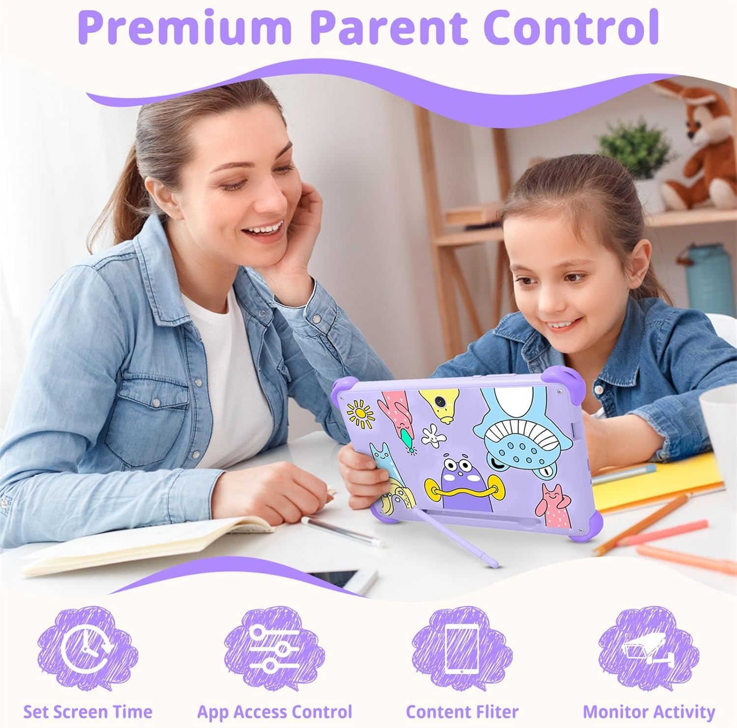 okulaku Kids Tablet 7 inch Tablets for Kids 32GB Toddler Tablet with Protective Case Child Learning Tablets with WiFi, Parental Control, GMS, Preinstalled Educational Contents for Girls Boys (Purple)
