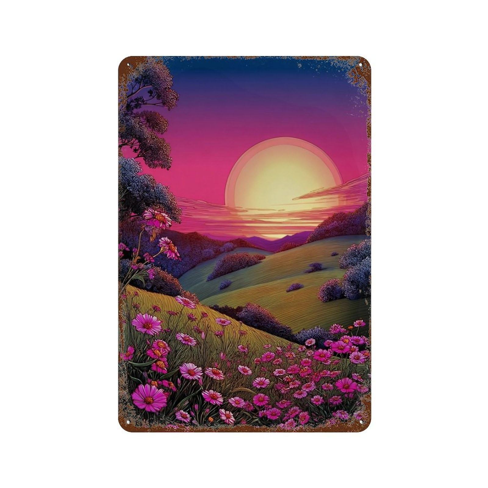 Rusty Metal Tin Sign Sunset Hill with Flowers 11.8"x7.9", Vintage Wall Decor for Shed, Workshop And Garage Wall Decor