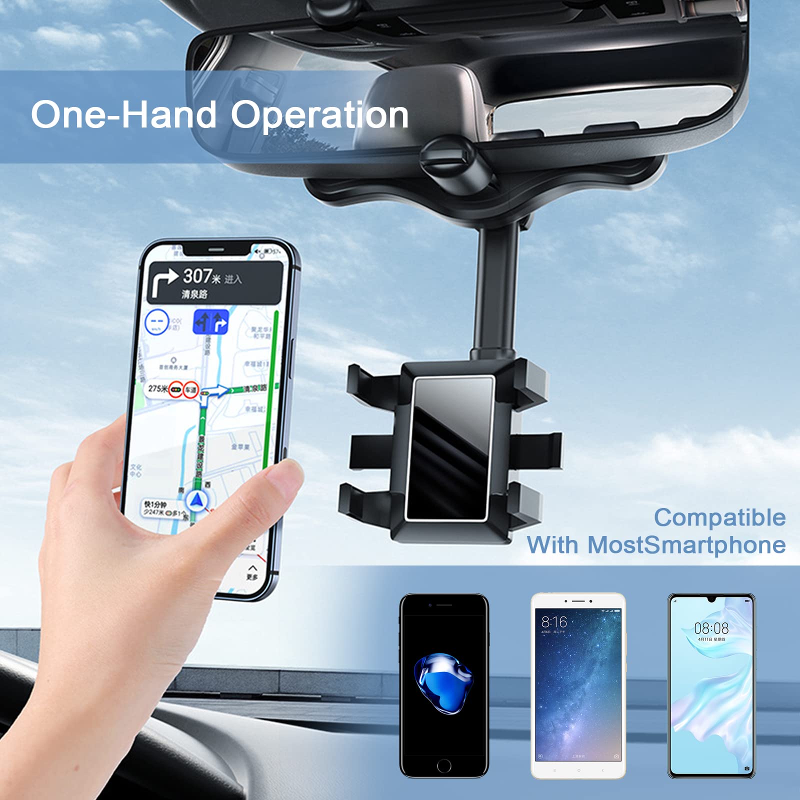 Ownkim Supporto Universale Telefono per Specchietto Retrovisore Auto,Girevole e Retrattile a 360 Gradi,Sicuro e Stabile,Design Leggero e Durevole,Installazione Senza Tracce