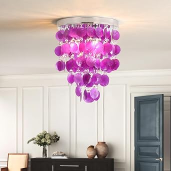 Modern Chandelier Crystal Shell,Semi Flush Mount Purple Girl Chandelier, LED Ceiling Light Fixture Bedroom Bathroom Closet Nursery 3 Lights