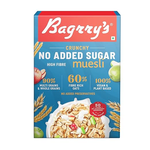 Bagrry's Crunchy Muesli No Added Sugar 0% 500g Box|90% Multi Grains|60% Fibre Rich Oats with Bran|Whole Grain Breakfast Cereal|Helps Manage Weight|0% Added Sugar|Vegan and Plant Based Muesli